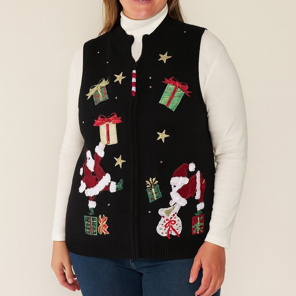 Heirloom Collectibles Black Christmas Holiday Vest – Santa Embroidery, Mock Neck